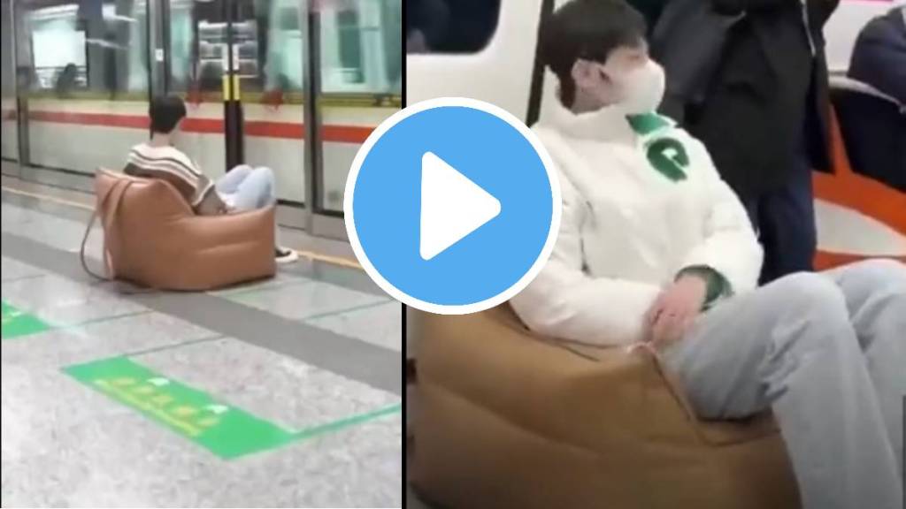 man fed up with not getting seat on metro train carries sofa around to sit on