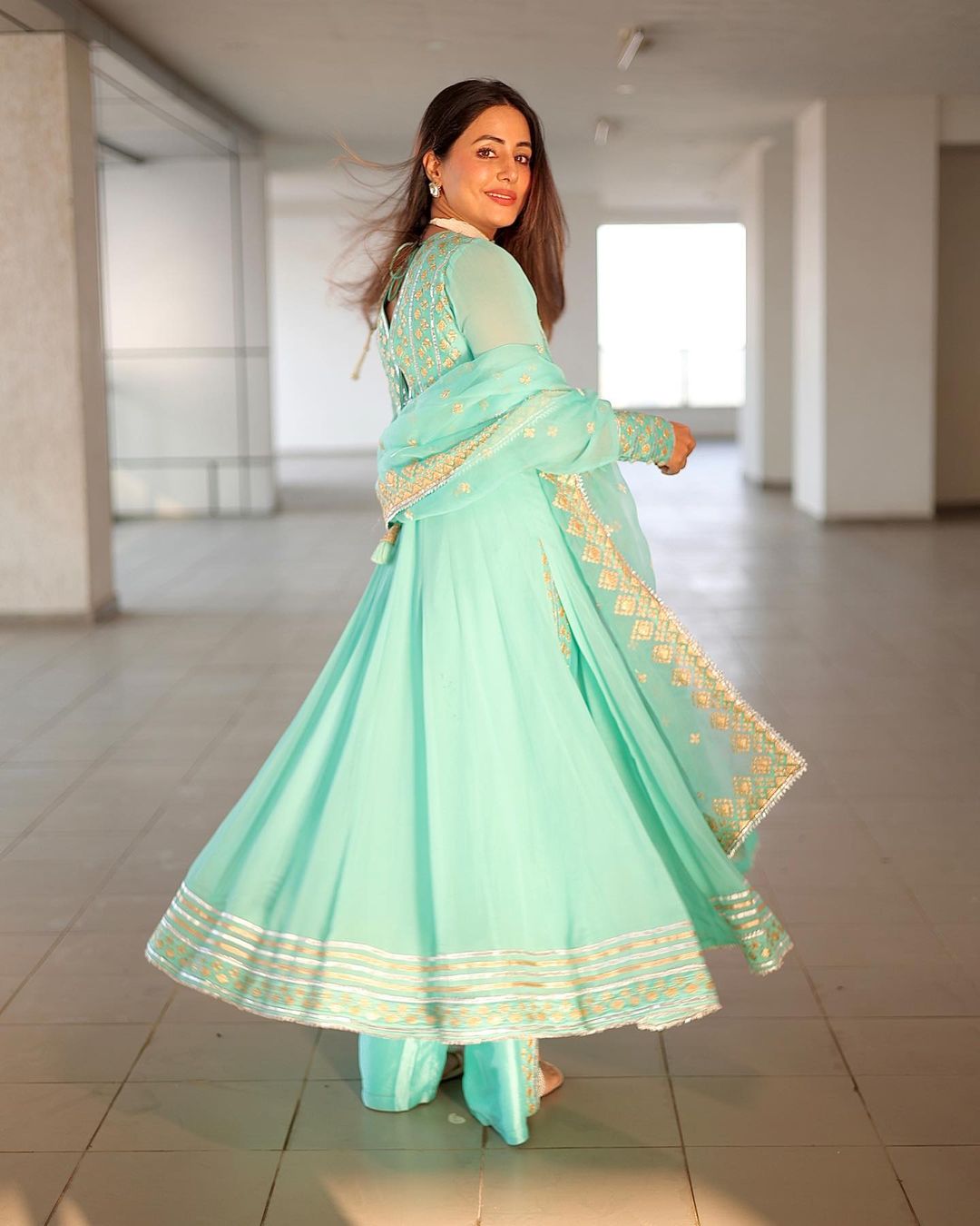 green emerald velvet dress HINA KHAN In Teal Green Printed Cold Shoulder Mini Kaftan