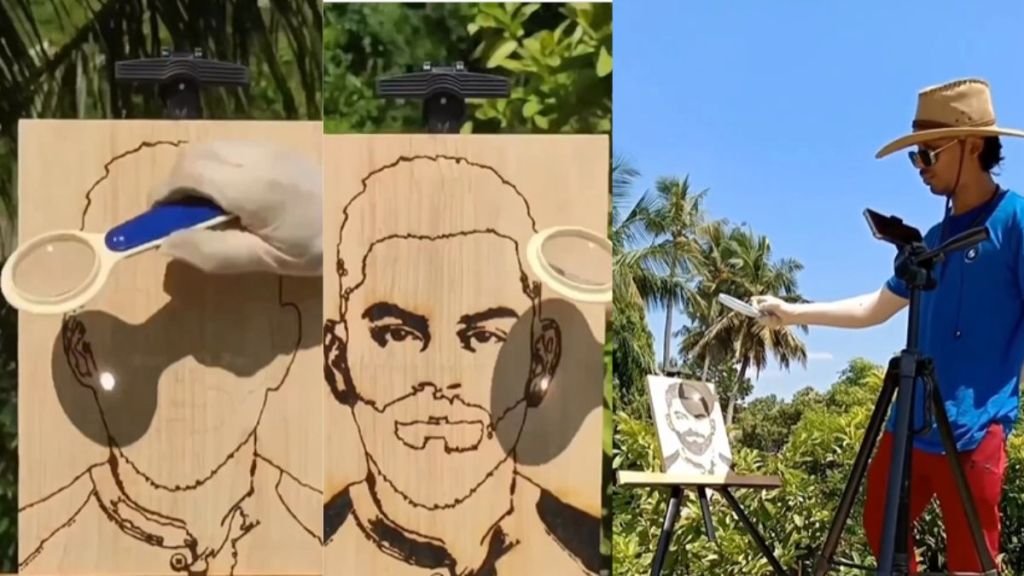 man created virat kohli image with the help of magnifing glass trending video
