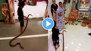 Little boy was pulling the snake like a rope