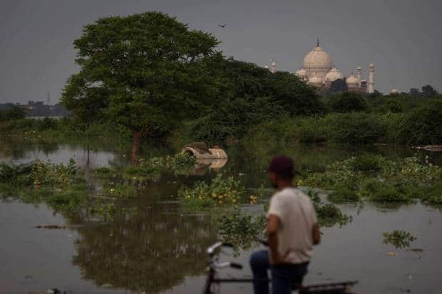 आग्रा येथे मुसळधार पावसामुळे यमुना नदी ओसंडून वाहत असताना एक माणूस ऐतिहासिक ताजमहालाच्या समोर रस्त्याच्या कडेला उभा आहे. रॉयटर्स