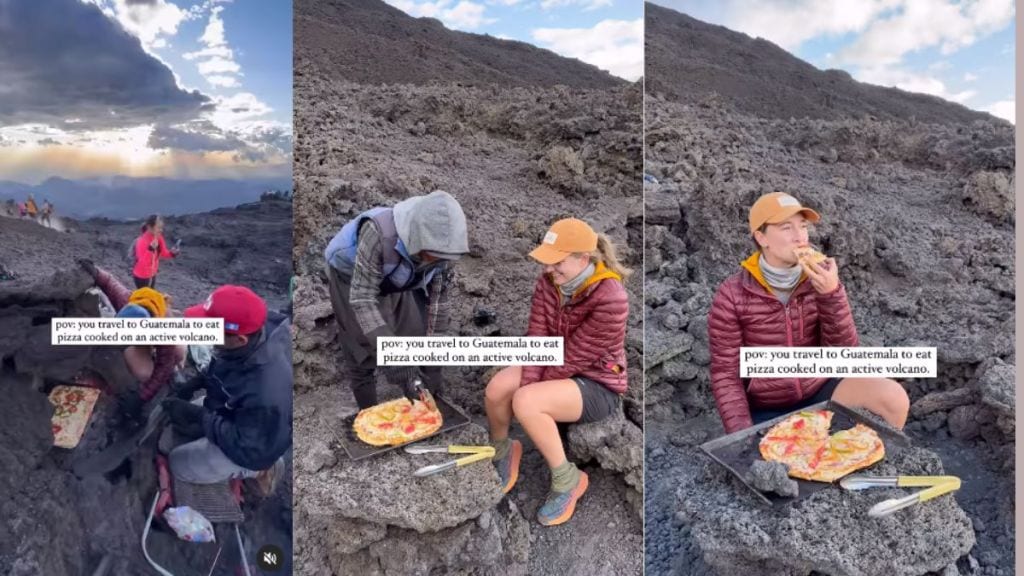 Alexandra Blodgett a woman travels to Guatemala eats pizza cooked on volcano Viral video Alexandra Blodgett a woman travels to Guatemala eats pizza cooked on volcano Viral video