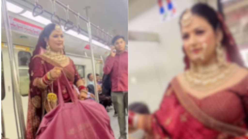 The bride was seen wearing a bridal lehenga in the Delhi Metro Passenger shocked netizen reacts The bride was seen wearing a bridal lehenga in the Delhi Metro Passenger shocked netizen reacts