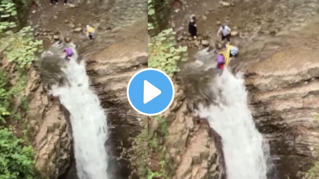 a brave mother save her children lives at waterfall a very shocking video goes viral