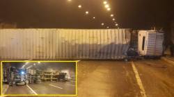 पुणे-मुंबई द्रुतगतीमार्गावर खंडाळा बोगद्यात ट्रेलर उलटला, मुंबईकडे जाणारी वाहतूक ठप्प