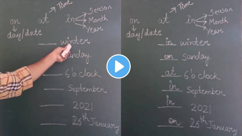 In viral video Teacher shows how we use at, in and on to talk about date, time and year.