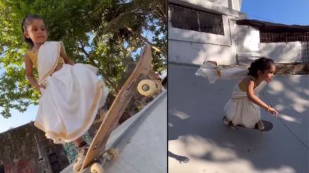 Little girl dressed in Kerala's Kasavu saree stuns Internet with skating skills