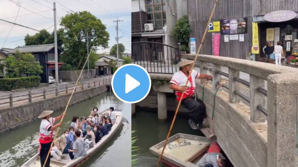Passengers traveling by boat in which the sailor leaves the moving boat and climbs the bridge