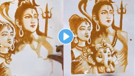 a boy drew shiv parwati and ganpati bappa picture