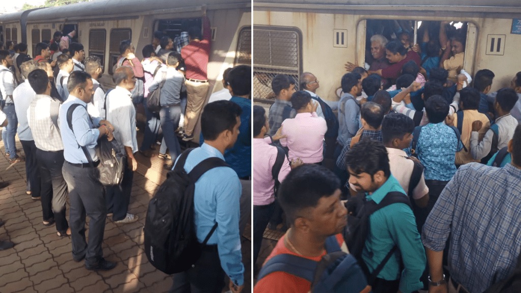 Passengers Dombivli travel standing jam-packed crowd dombivli local