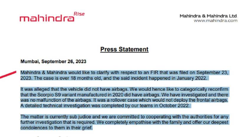 महिंद्रा कंपनीकडून देण्यात आलेले स्पष्टीकरण