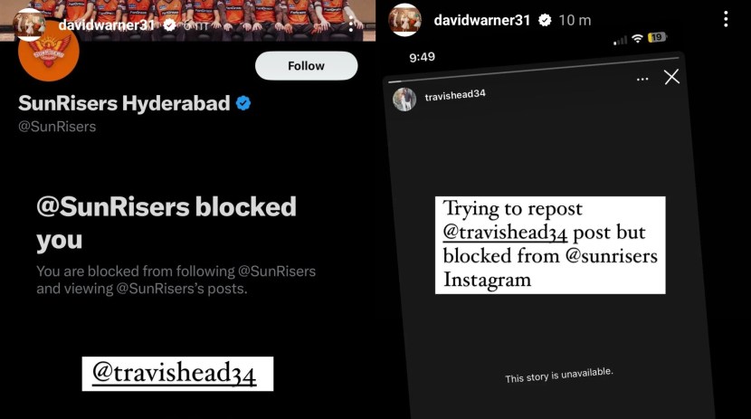 David Warner was adding to his stories on both the social media platforms and tried tagging SRH but couldn't as he was blocked by the franchise.