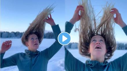 viral video of womans hair freezes as she steps outside into sub zero sweden weather