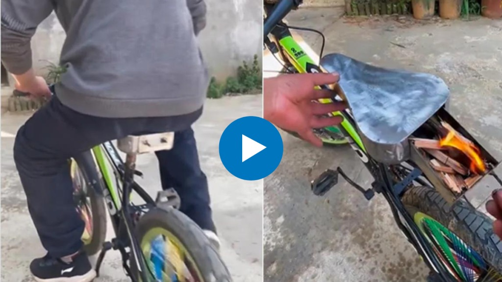 man-unique-trick-to-save-from-cold-put-fire-in-a-bicycle-seat-heated-instantly-viral-video
