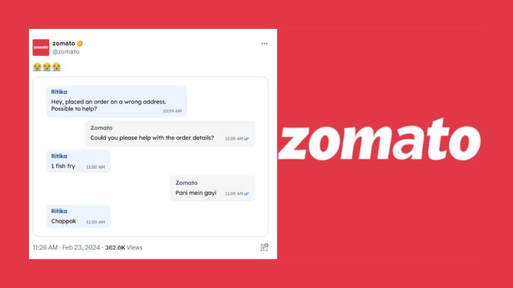 Customer orders 1 fish fry Zomato responds with Paani mein gayi Zomato shared the post on social media platform X