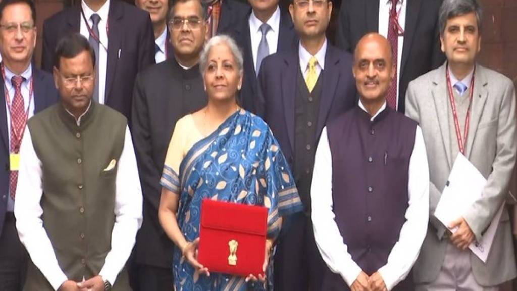 Budget 2024 FM Nirmala Sitharaman Tussar Handloom Blue and Cream Kantha Saree in Budget 2024