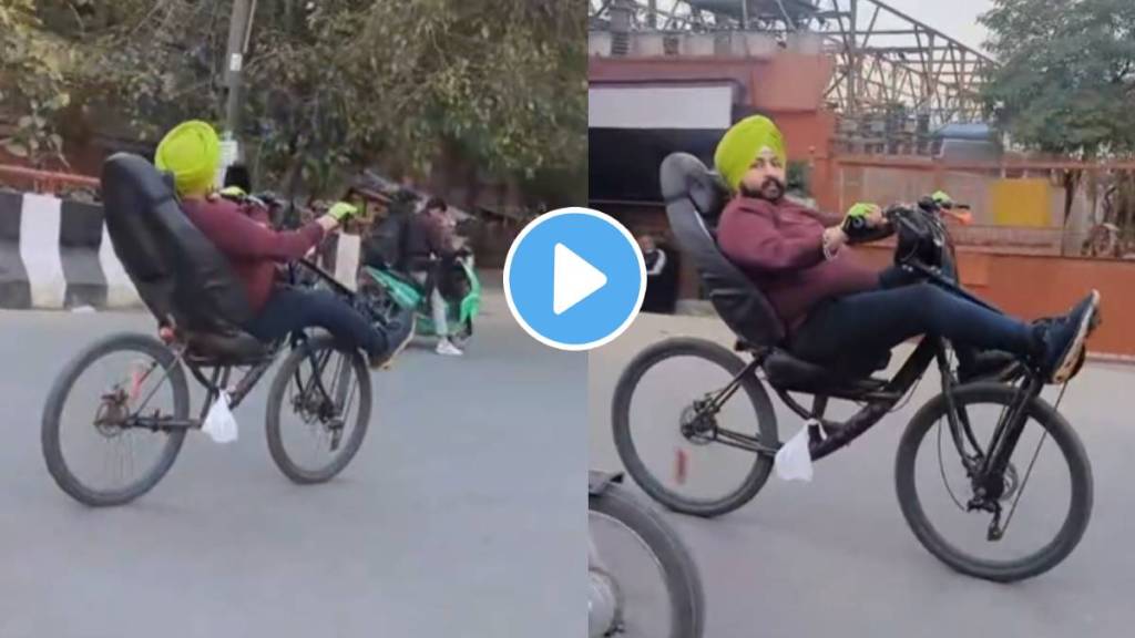 A person was seen lying down and riding a bicycle on the streets of Delhi people enjoyed watching the desi jugaad