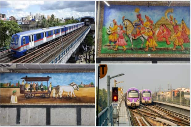 गजबजलेले रस्ते आणि शहरातील ऐतिहासिक खुणा यांमध्ये कोलकाता मेट्रो थाटाने उभी आहे. या कोलकाता मेट्रो स्थानकामध्ये रेखटलेल्या सुंदर चित्रांचे, वास्तुकलेचे हे फोटो पाहा.