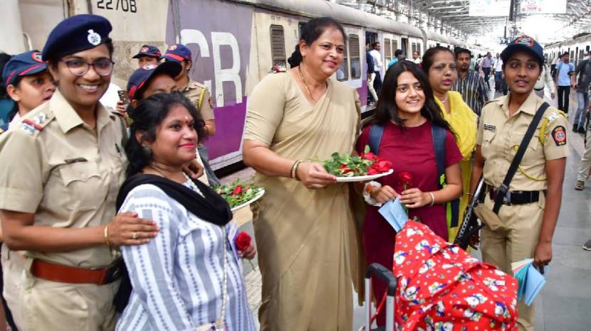 On behalf of International Women Day Police Officers giving roses Every Women On CSMT Railway Police Station