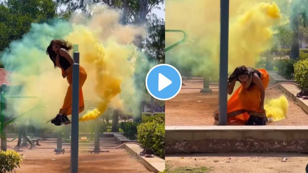 Viral Video woman performs Stunt with colour popper somersault from pole After Saree Catches Fire Watch Ones