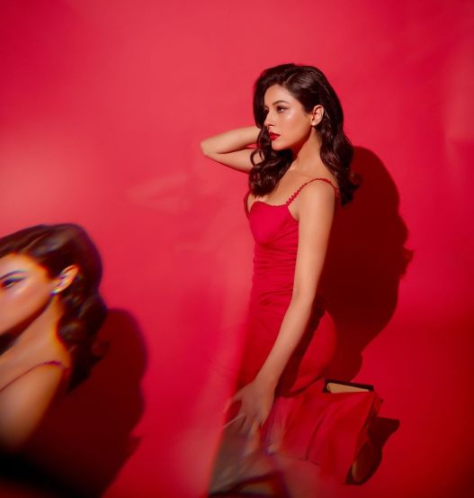 Shehnaaz Gill Red Gown Look