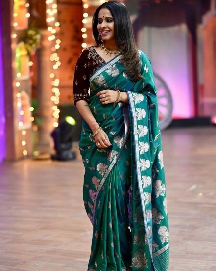 Shreya Bugde Sheth Peacock Green Saree
