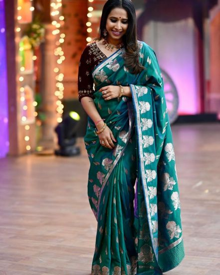 Shreya Bugde Sheth Peacock Green Saree