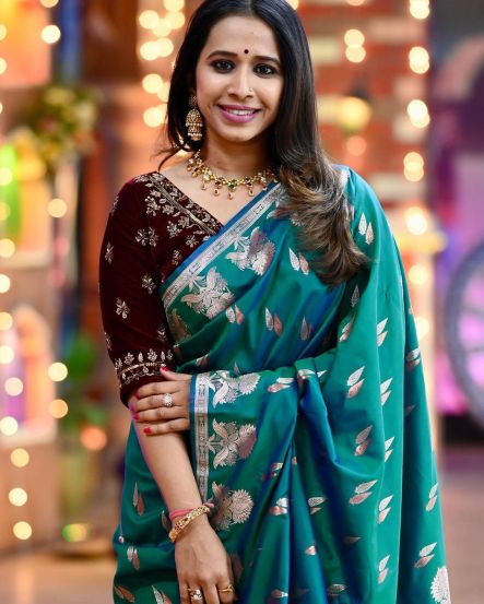 Shreya Bugde Sheth Peacock Green Saree
