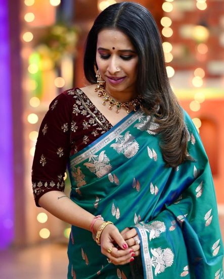 Shreya Bugde Sheth Peacock Green Saree