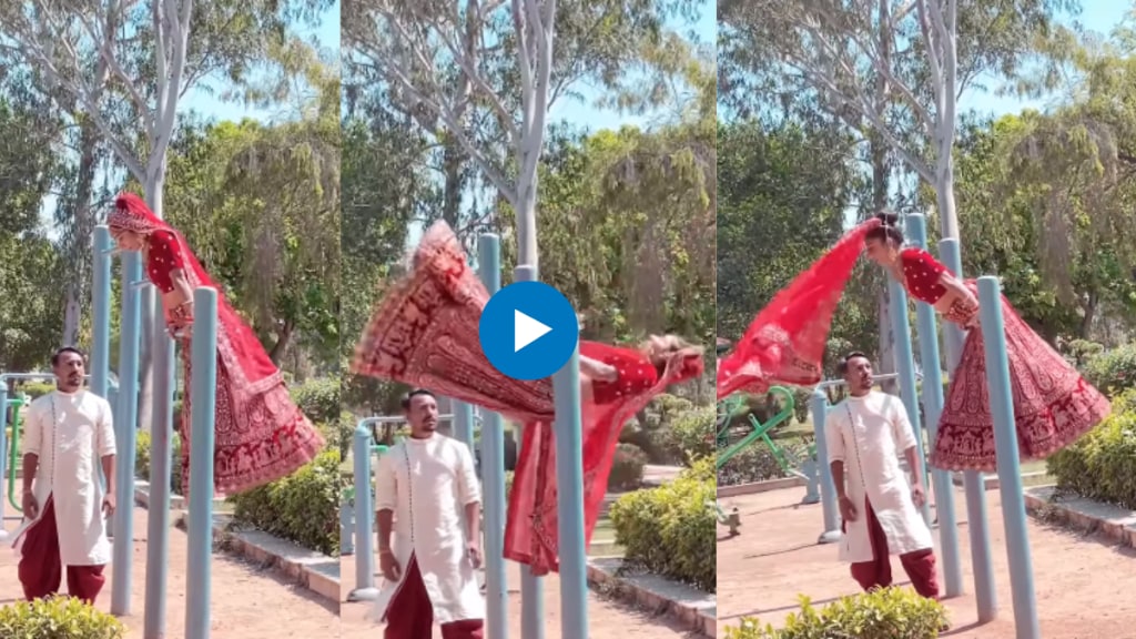 Viral wedding photoshoot of bride working out in a park in Traditional wedding lehenga netizen say her Tiger Shroff female version