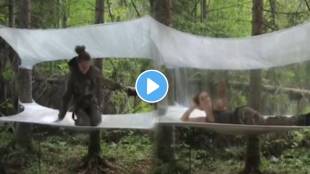 The young woman made a pretty house in the forest