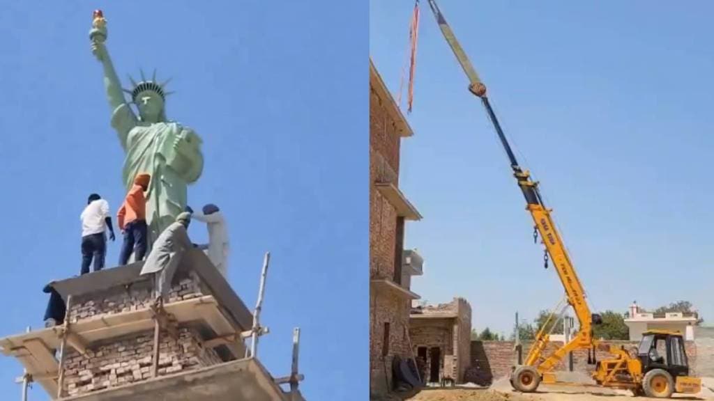 viral video locals placing a replica of the Statue of Liberty on the roof of an under construction building watch ones