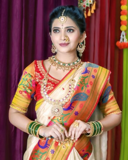 Ruchira Jadhav White Paithani Saree