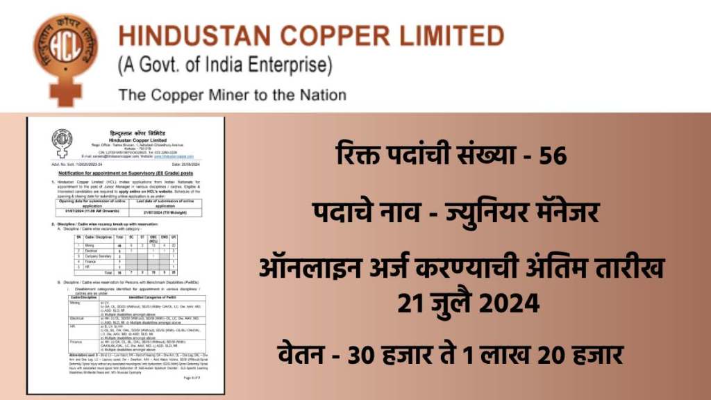 Hindustan Copper Limited Recruitment 2024 hcl junior manager 56 post bharati 2024 notification how to apply online Hindustan Copper Limited Recruitment 2024 hcl junior manager 56 post bharati 2024 notification how to apply online