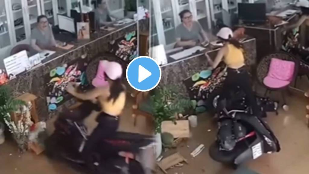 Girl enters the medical store with a scooter and tramples the people present there funny video