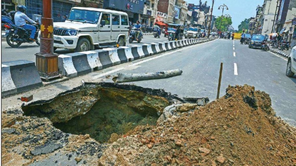 ayodhya ram path develops potholes after first rain ayodhya ram path develops potholes after first rain
