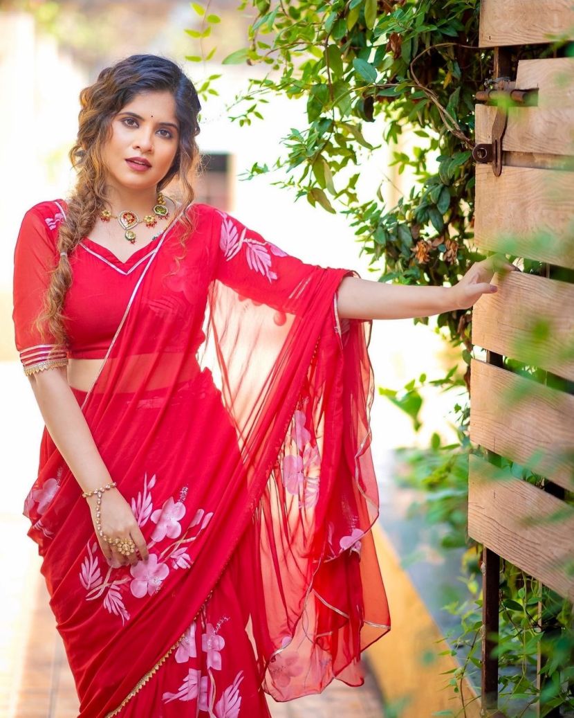Amruta Deshmukh Red Readymade Saree