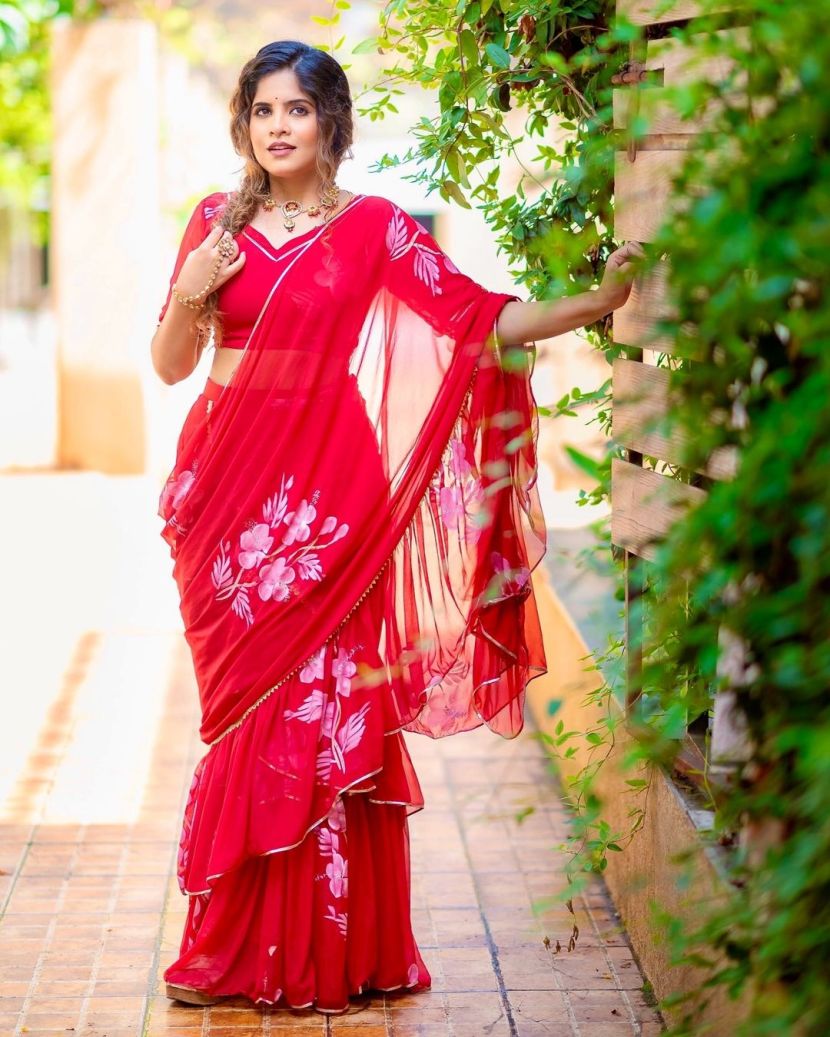 Amruta Deshmukh Red Readymade Saree