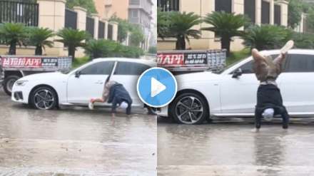 man walks on hand in rain water filled road for saving shoes funny video goes viral