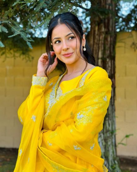 Shehnaaz Gill Yellow Anarkali Dress
