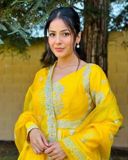 Shehnaaz Gill Yellow Anarkali Dress