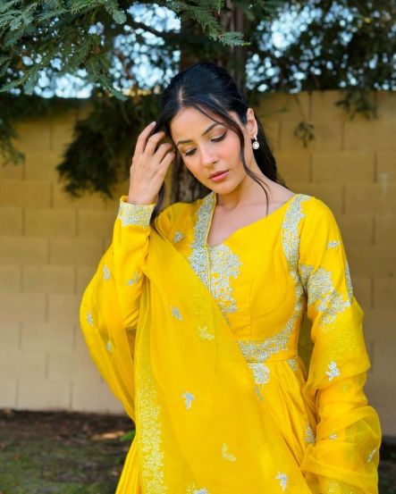 Shehnaaz Gill Yellow Anarkali Dress