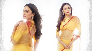 Amruta Khanvilkar Yellow Saree Look