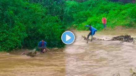 Young man jumped into the flowing stream