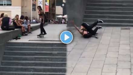 Girl Jumping high from a skateboard