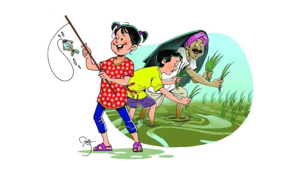 A Day on the Farm, balmaifal story, story for kids, Rohan, Chingi, farm adventure, rainy holiday, paddy planting, mud fun, crab discovery, paper boats,