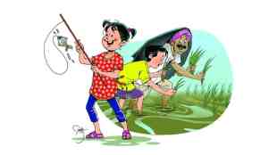 A Day on the Farm, balmaifal story, story for kids, Rohan, Chingi, farm adventure, rainy holiday, paddy planting, mud fun, crab discovery, paper boats,