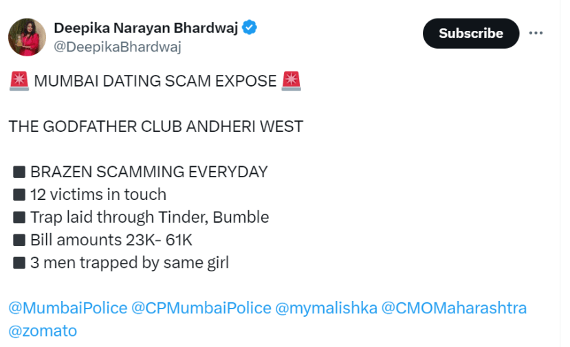 Mumbai dating scam Tweet by DeepikaBhardwaj Aug 23