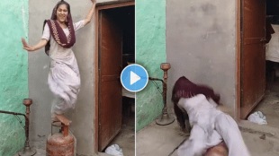 Viral Video of woman slipped from gas cylinder while dancing stunt accident