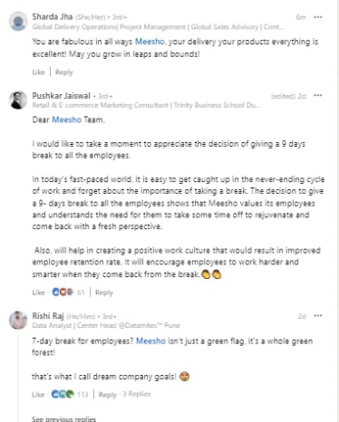 Meesho has announced a nine-day leave for its employees. (Photo: Meesho/LinkedIn)
